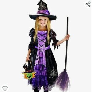 Halloween Witch Deluxe Kids Costume with Dress, Witch Hat, Broom & Treat Bag M